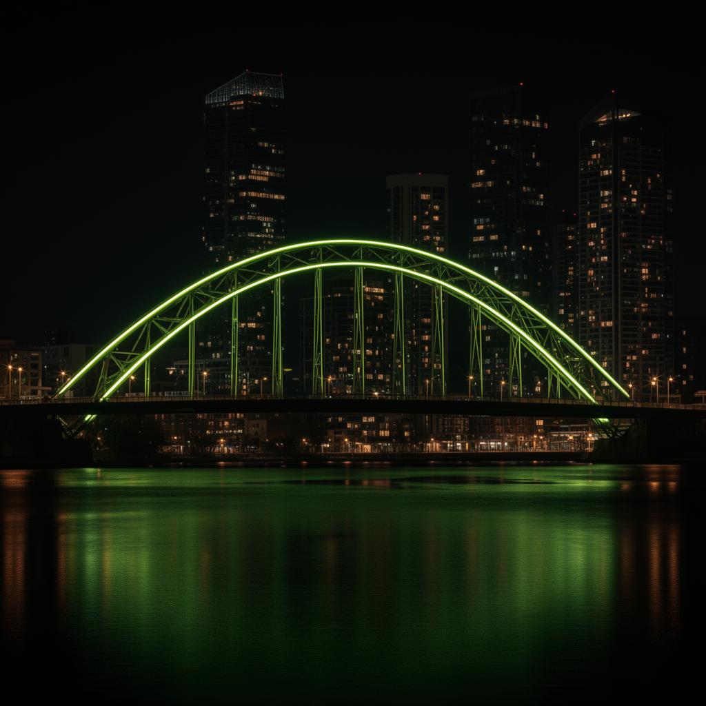 Illuminated arch bridge over city at night